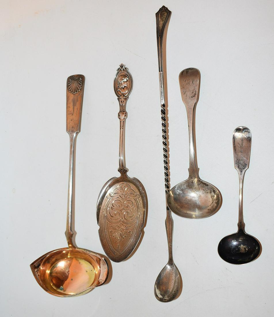 STER/COIN SILVER FLATWARE INCL. S & J BLAKE, C. 1810: LOT (5) ASSORTED STERLING/COIN SILVER FLATWARE INCL. SARAH & JOHN W. BLAKE C. 1810, WEIGHT 12.7 OZ.