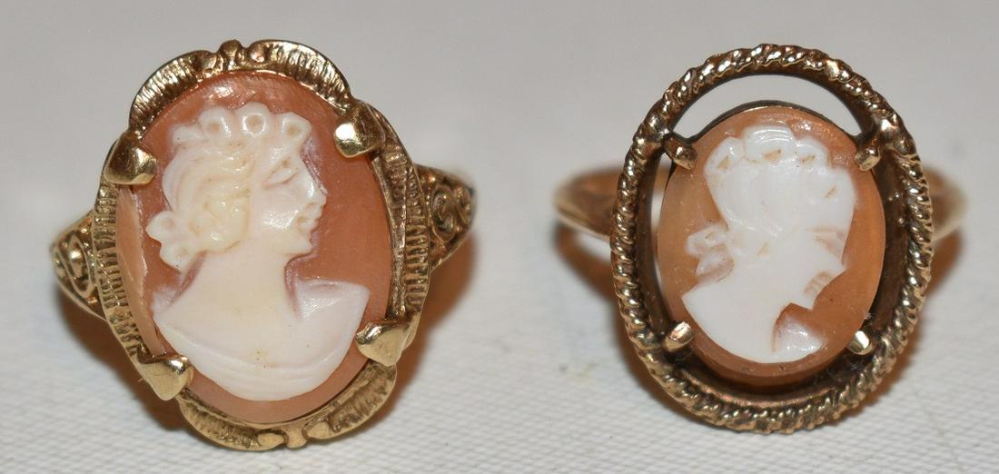 2 ART DECO 10/14 KT. GOLD CAMEO RINGS, C. 1930/50: LOT (2) ART DECO/MODERN 10/14 KT. YELLOW GOLD CAMEO RINGS, C. 1930/50 SIZE 6 1/2, WEIGHT 7.6 GRAMS