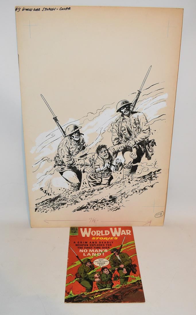 P/I COMIC COVER ILLUS. "WORLD WAR STORIES" 1965: ORIGINAL P/I COMIC COVER ILLUS. "WORLD WAR STORIES" UNSIGNED/ARTIST SAM J. GLANZMAN (SAMUEL JOSEPH 1924-2017) C. 1965, 22 1/4" X 14 3/4", W/ ORIG. COMIC; BEARS THE ESTATE STAMP RON WILBER (1954-2016, 