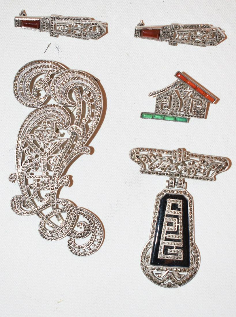 STERLING/MARCASITE INITIAL BROACHES/PINS, C. 1920: LOT ART DECO STERLING/MARCASITE INITIAL BROACHES/PINS, C. 1920 SIGNED JULIA P. YOKEL, 75 BEVERLY, GREAT NECK, NY, WEIGHT 47.7 GRAMS