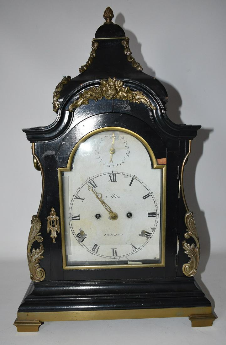 ENGLISH SHELF CLOCK SGN. MARRIOTT LONDON, 18TH C.: FINE ENGLISH EBONY/BRASS SHELF CLOCK SIGNED MARRIOTT LONDON, 18TH C. H. 24" W. 15"