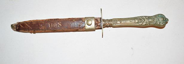 WWI/SPANISH AM. WAR U.S. GERMAN SILVER BOOT DAGGER: WWI/SPANISH AMERICAN WAR U.S. GERMAN SILVER BOOT DAGGER, C. 1890/1917 OVERALL L. 9"