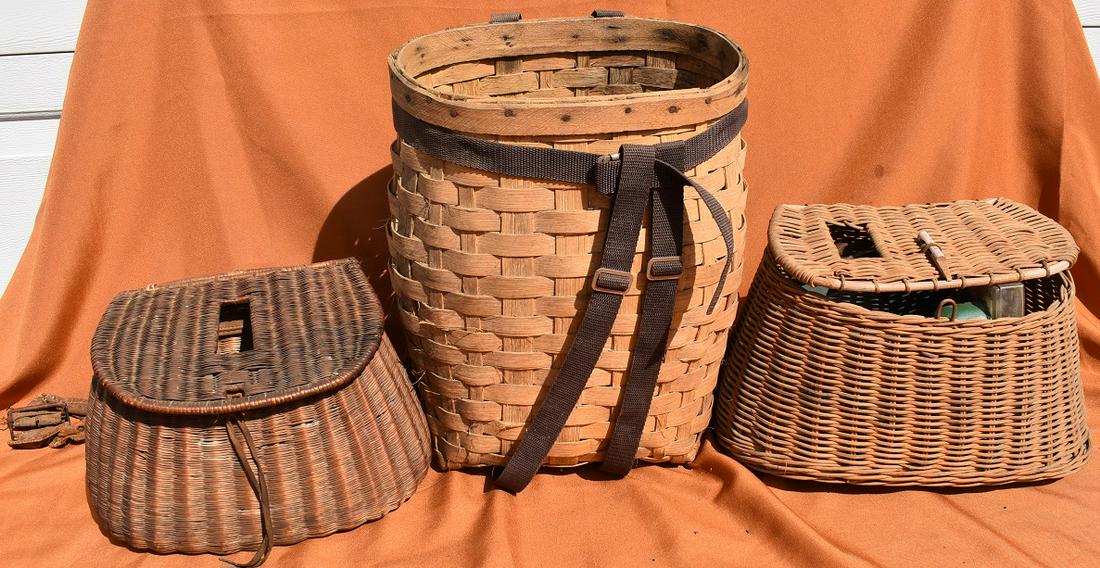 ASSORT. VINTAGE FISHING & TACKLE INCL. CREELS, LURES: LOT ASSORT. VINTAGE FISHING & TACKLE INCL. CREELS, LURES & PACK BASKET