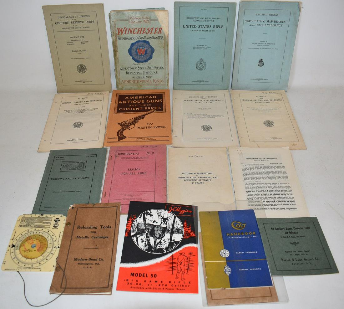 MILITARY/GUN REFERENCE INCL. WINCHESTER CATALOG: LOT ASST. MILITARY/GUN REFERENCE INCL. WINCHESTER CATALOG 1913, COLT HANDBOOKS, ETC., INCL. CELLULOID FIRE CONTROL RULE/GAUGE