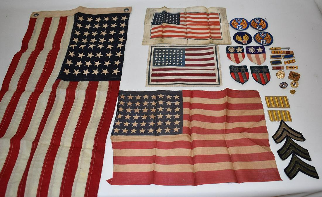 LOT US ARMY AIR FORCE CBI THEATER BULLION PATCHES, PINS: LOT ASST. US ARMY AIR FORCE CBI THEATER BULLION PATCHES, PINS, PATCHES & AMERICAN FLAGS, C. 1940