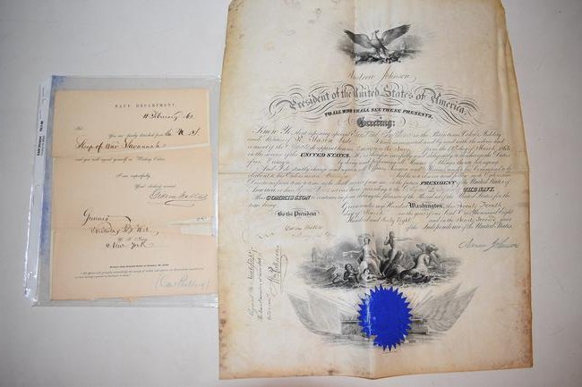 NAVAL DOCS. INC. VELLUM RANK/PROMOTION "R MASON LISLE": LOT(2) NAVAL DOCUMENTS INC. VELLUM RANK/PROMOTION "R MASON LISLE" ENSIGN IN THE NAVY SIGNED ANDREW JOHNSON 1868, CIVIL WAR WAITING ORDER DOCUMENTS "N. B. WILLETTS" GUNNER 1861/62