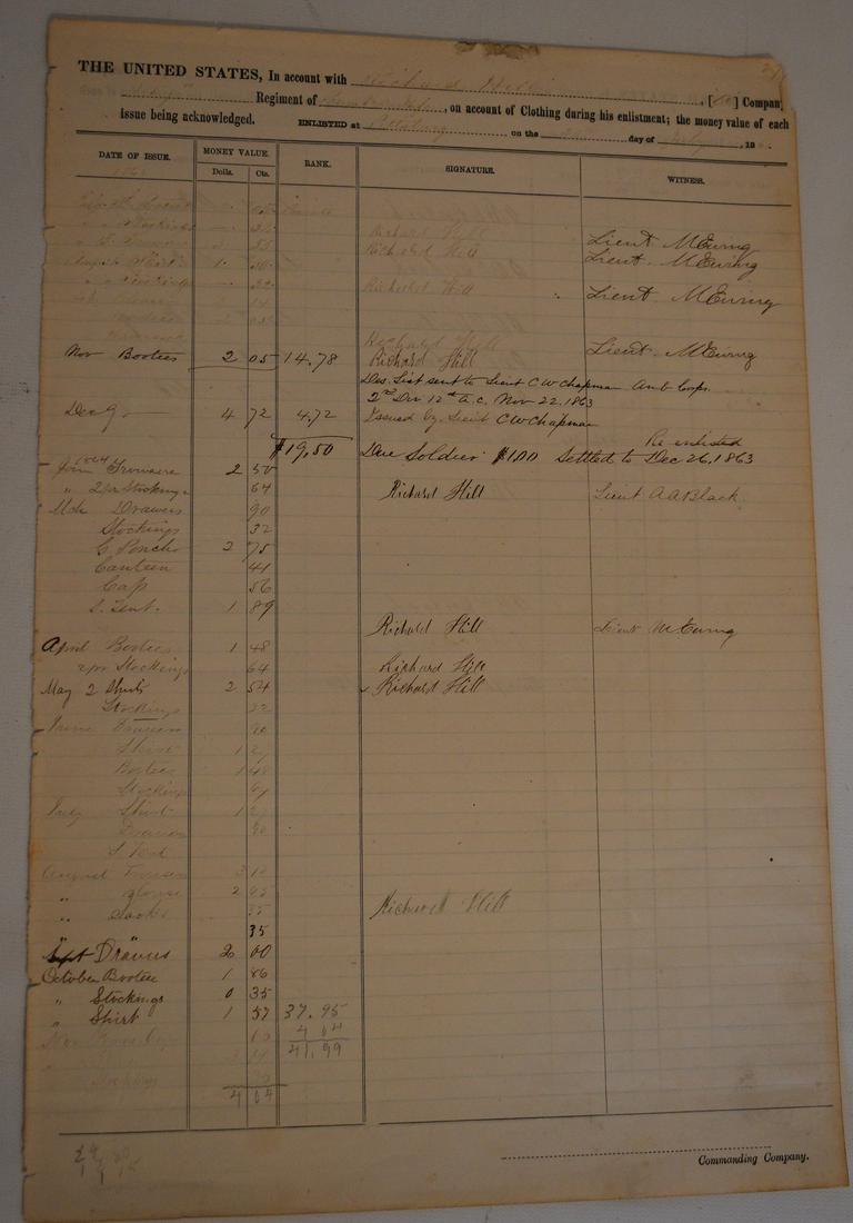 CIVIL WAR QUARTER MASTERS LEDGER SHEET, C. 1861 (1 of 7)