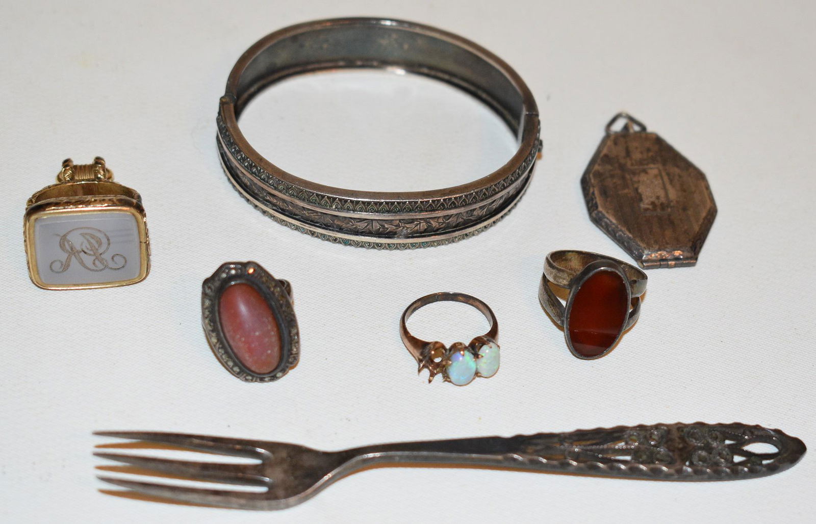 VICTORIAN/DECO STERLING RINGS BRACELET, WATCH FOB (1 of 20)