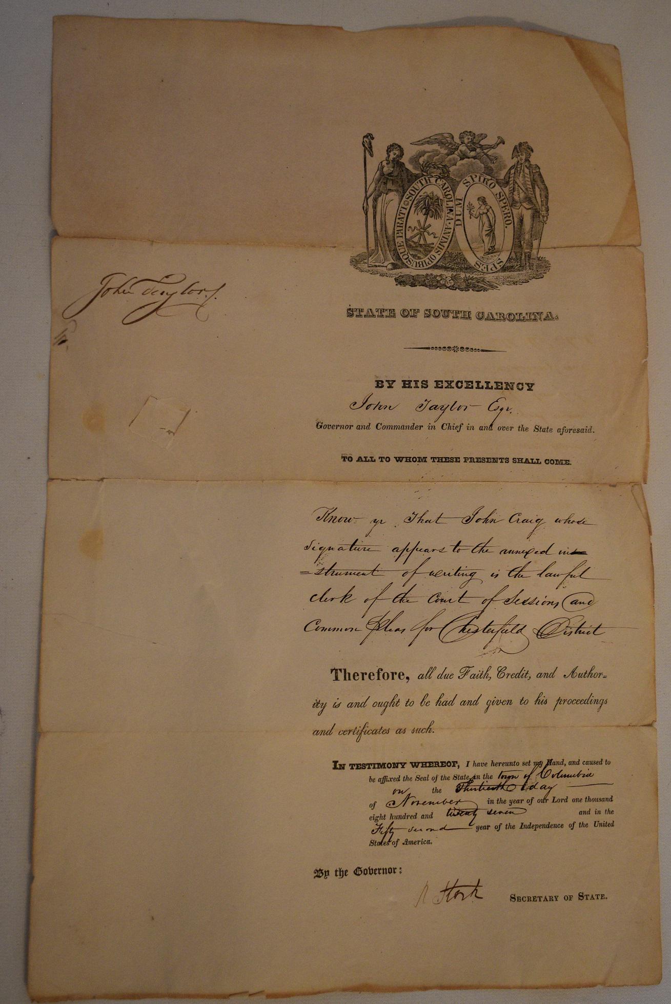 JOHN TAYLOR, GOV. SOUTH CAROLINA AUTOGRAPH: JOHN TAYLOR, GOV. SOUTH CAROLINA AUTOGRAPH, C. 1827