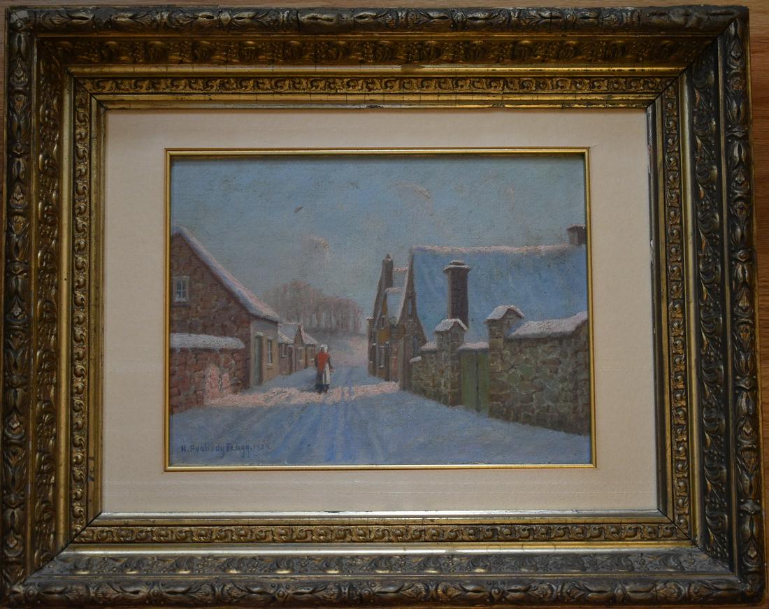 O/B WINTER SCENE W/ FIGURE SIGNED H. PEABODY FLAGG (1 of 13)