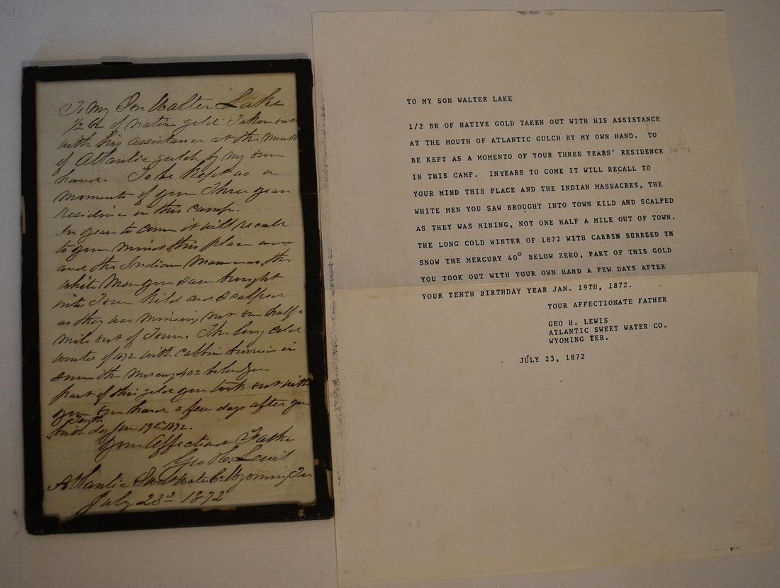 RARE WYOMING TERRITORY GOLD MINING LETTER, 1872 (1 of 5)