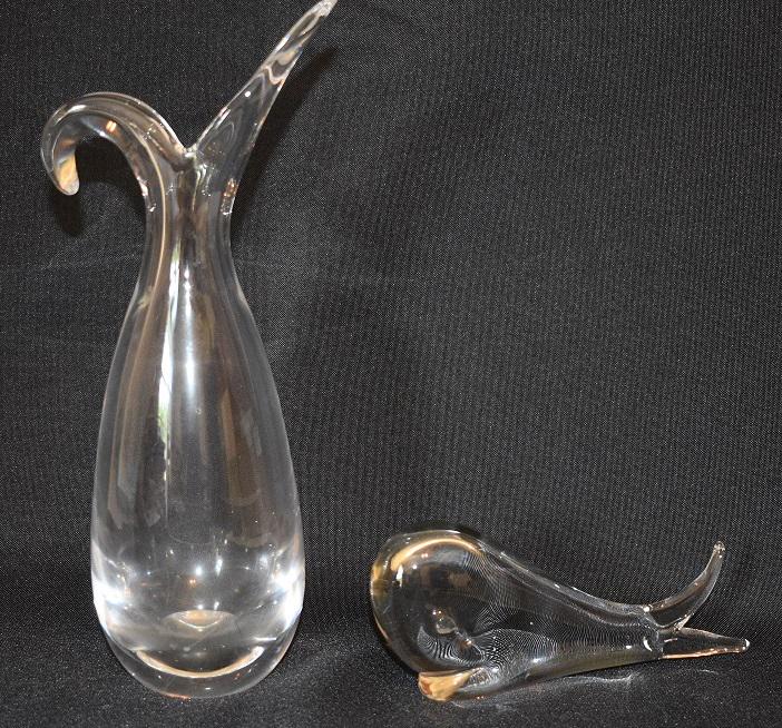 LOT (2) STEUBEN ART GLASS VASE/WHALE, 20TH C.: LOT (2) STEUBEN ART GLASS VASE/WHALE, 20TH C. VASE H. 10", WHALE H. 2 1/2" L. 6"