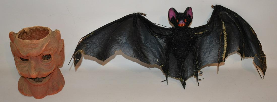 2 VINT. HALLOWEEN PAPER MACHE BAT/DEVILS HEAD CONTAINER (1 of 17)