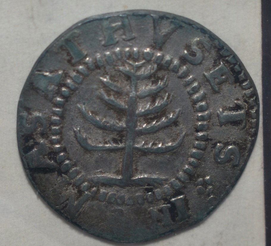 1652 MASSACHUSETTS PINE TREE SHILLING, XF 45 (1 of 9)