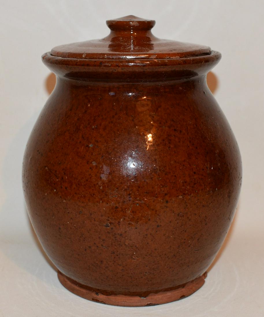 NJ SALT GLAZED REDWARE PRESERVE CROCK DATED 1838/? (1 of 9)