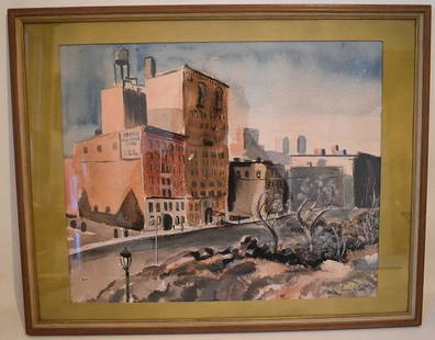 W/C STREET SCENE SIGNED LEON WALL (1916-1980 NY, NY): W/C STREET SCENE SIGNED LEON WALL (1916-1980 NY, NY) 1945, 13" X 16"