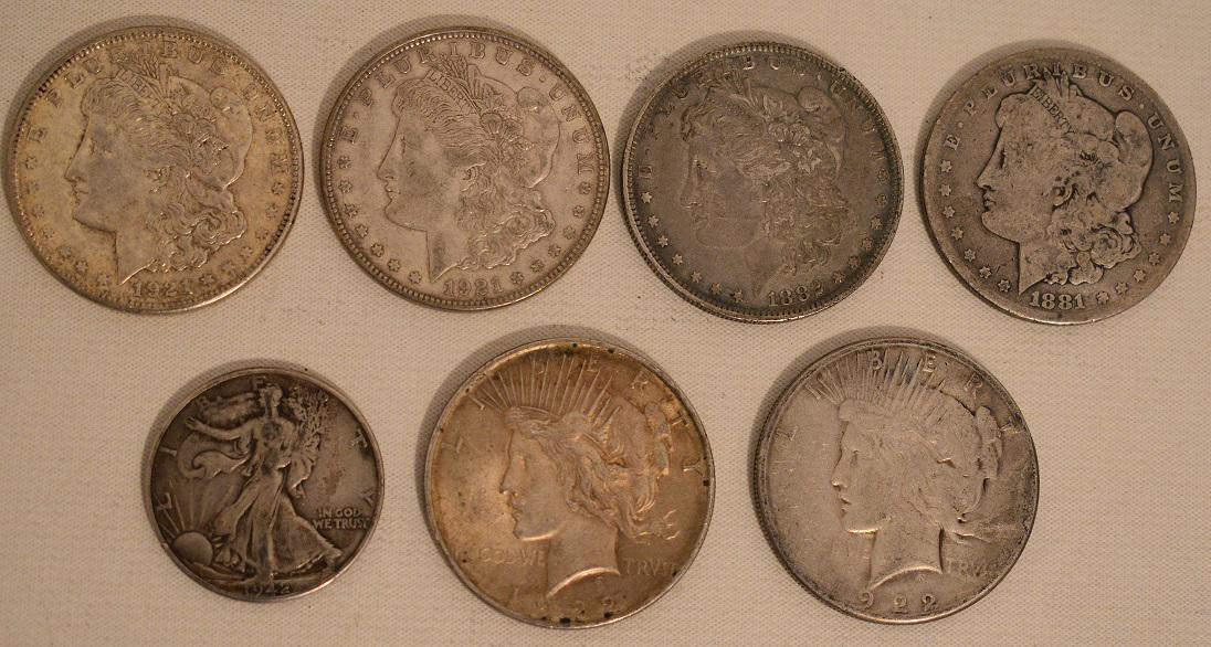 LOT (7) INCL. 6 SILVER DOLLARS 1881, 1882-O, 1921, 1921 (1 of 16)