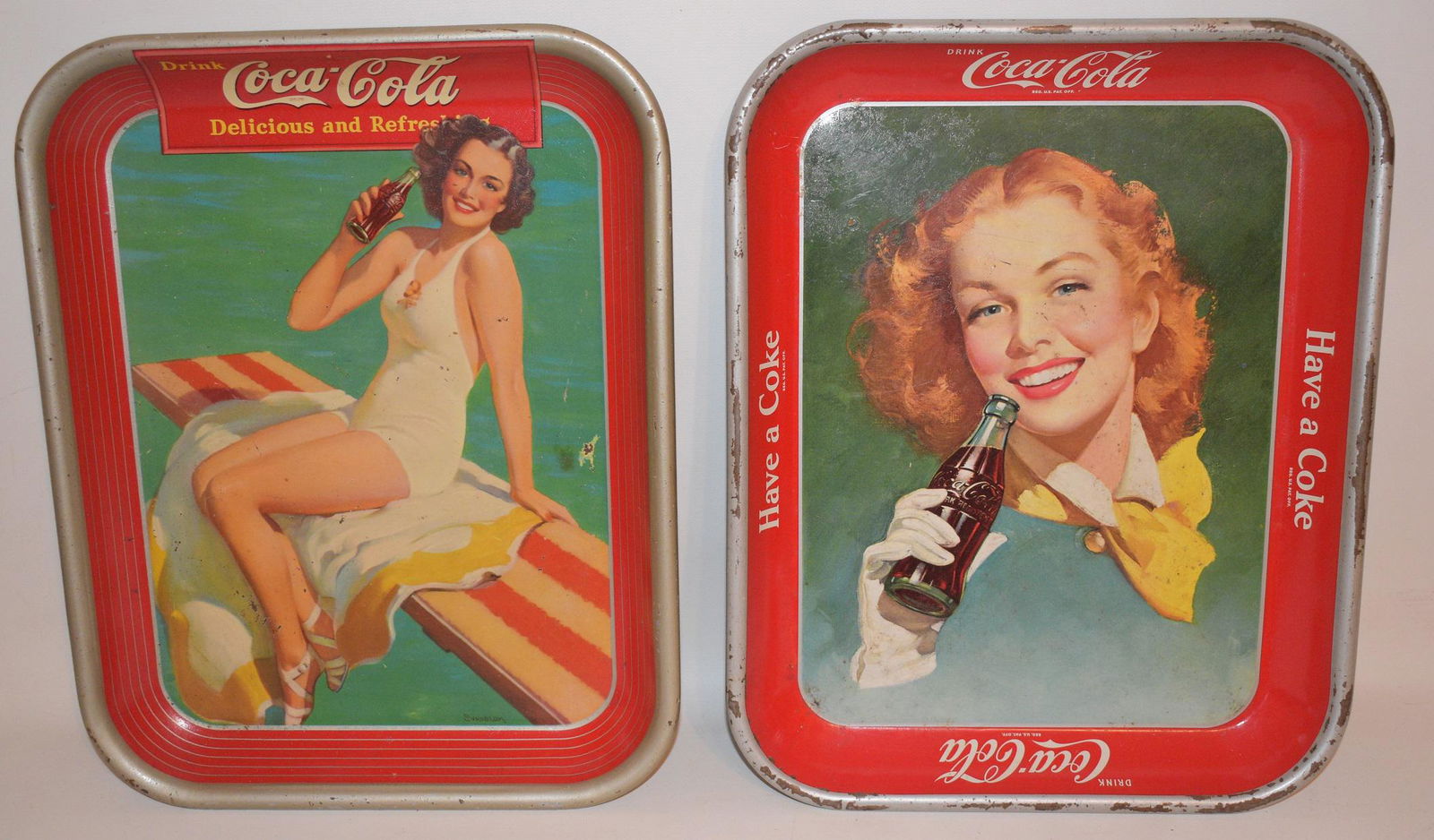 LOT (2) VINTAGE COCA COLA TIN LITHO TRAYS, C. 1939/50 (1 of 11)