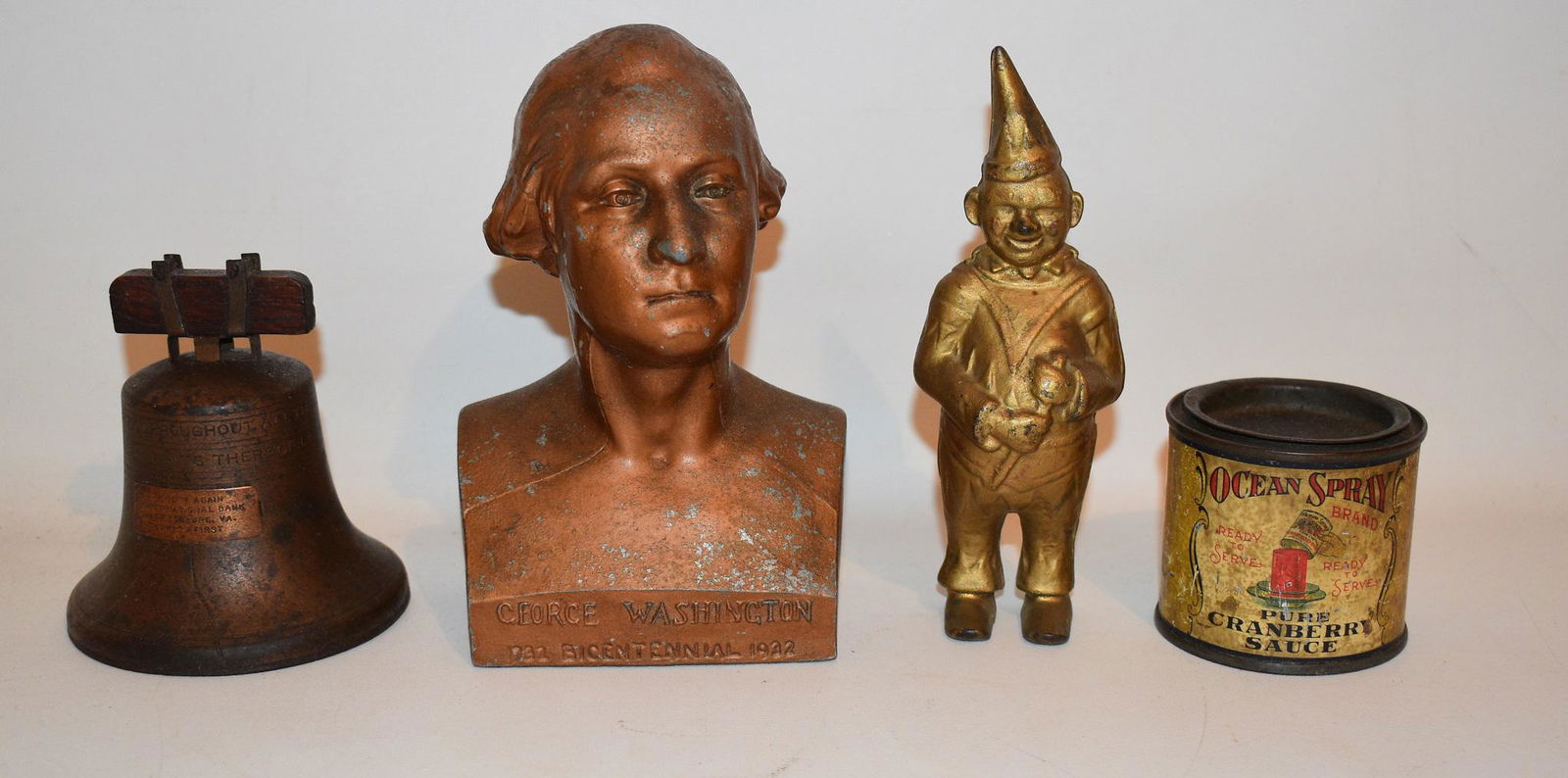 4 VINT. PENNY BANKS INCL. C/IRON CLOWN, WASHINGTON BUST (1 of 20)