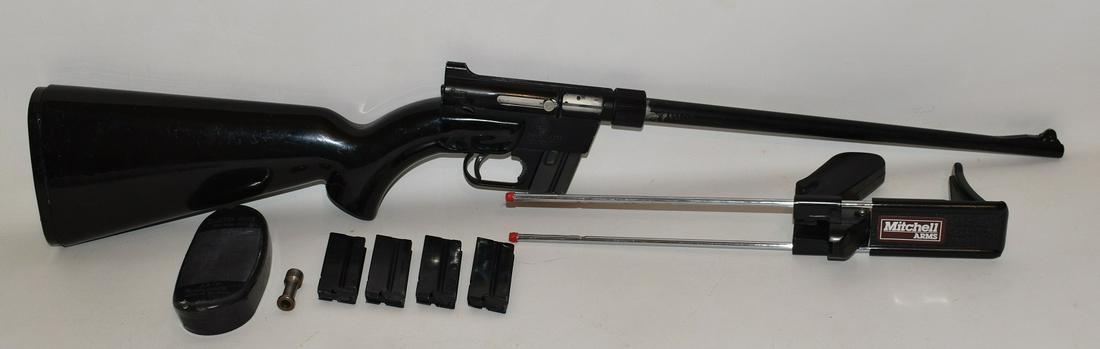 AR 7 EXPLORER MFD. BY CHARTER ARMS .22 CAL. RIFLE: AR 7 EXPLORER MFD. BY CHARTER ARMS .22 CAL. RIFLE, SERIAL #A56437 W/ 5 MAGAZINES, EXTRA MITCHELL ARMS STOCK-EXTRA CUSTOM MADE NON RETRACT COCKING HANDLE **NICS CHECK REQUIRED**
