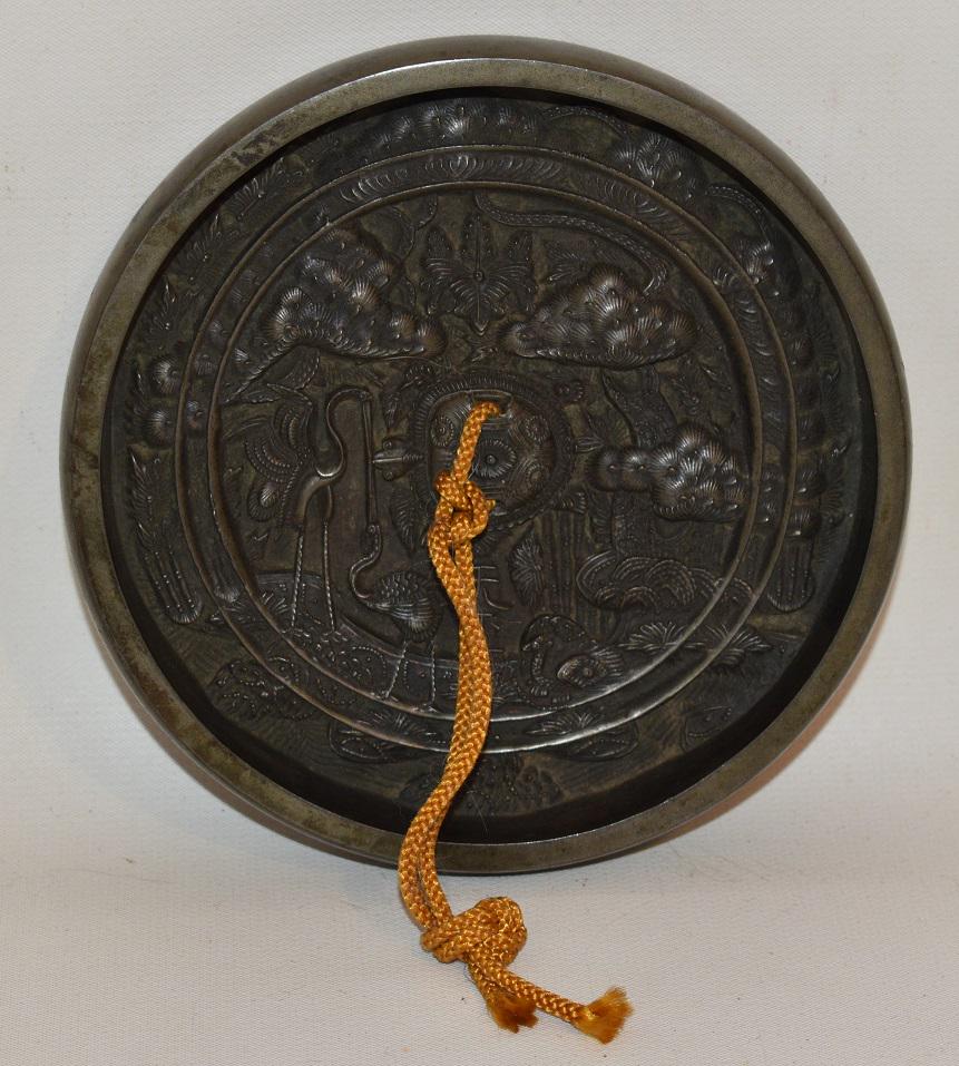 RARE CHINESE SILVERED BRONZE MIRROR W/ SCENIC BELL (1 of 6)