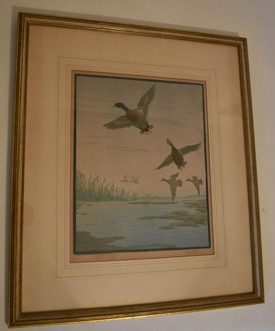 WOOD BLOCK PRINT DUCKS IN FLIGHT SIGNED ILLEGIBLE (1 of 7)