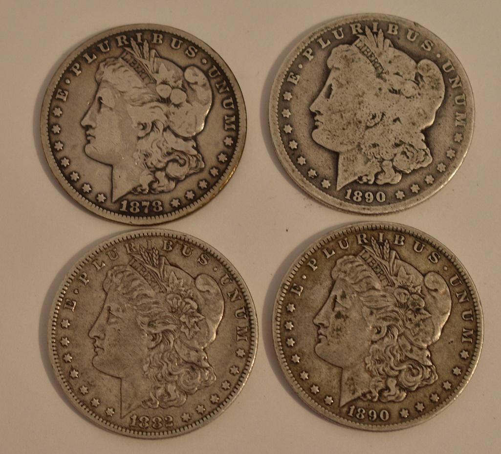 (4) MORGAN SILVER DOLLARS 1882-O, 1878-CC, (2) 1890-O (1 of 12)