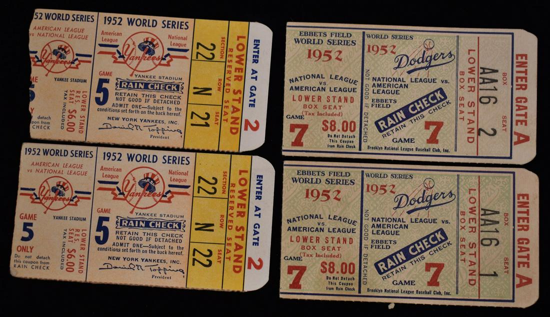 4 ORIGINAL 1952 WORLD SERIES TICKETS FOR GAMES 5 & 7 (1 of 8)