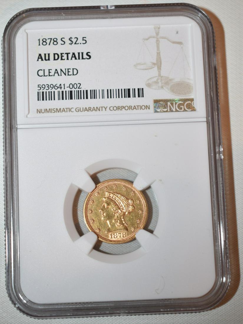 1878-S 2 1/2 DOLLAR LIBERTY HEAD GOLD COIN, AU DETAILS (1 of 4)