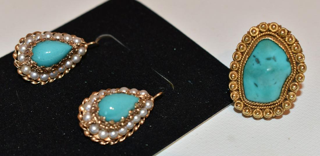 3 DECO 14KT YELLOW GOLD/TURQUOISE/PEARL EARRINGS/RING (1 of 8)