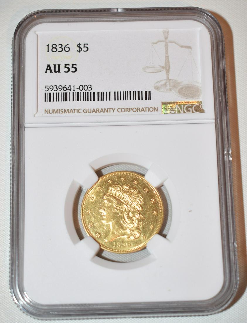 1836 CLASSIC HEAD 5 DOLLAR GOLD COIN, AU55 (1 of 5)