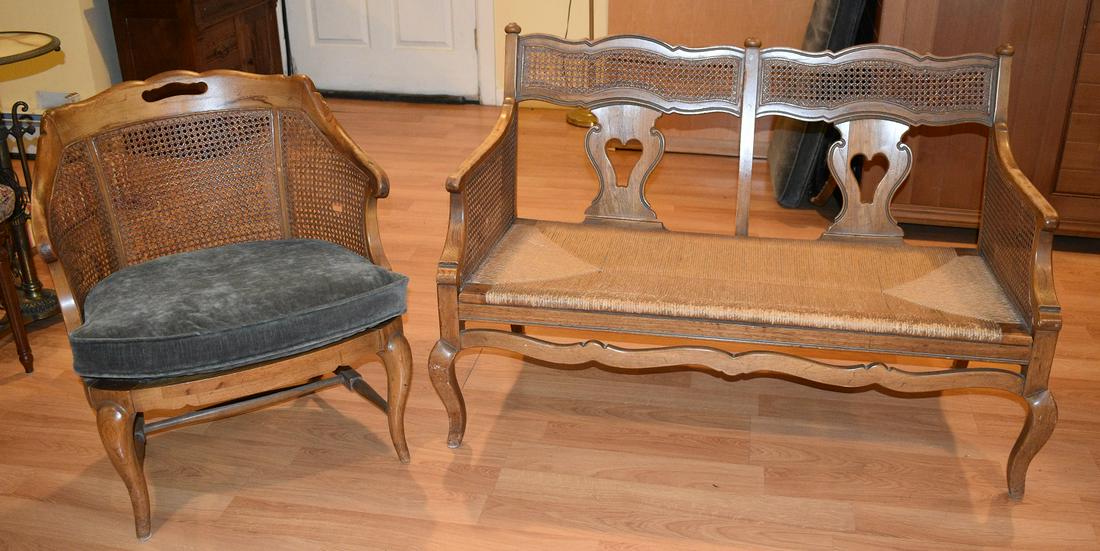 LOT (2) FRENCH PROVINCIAL FRUITWOOD CHAIR/LOVESEAT: LOT (2) FRENCH PROVINCIAL FRUITWOOD CHAIR/LOVESEAT, 20TH C., LOVESEAT W. 48"
