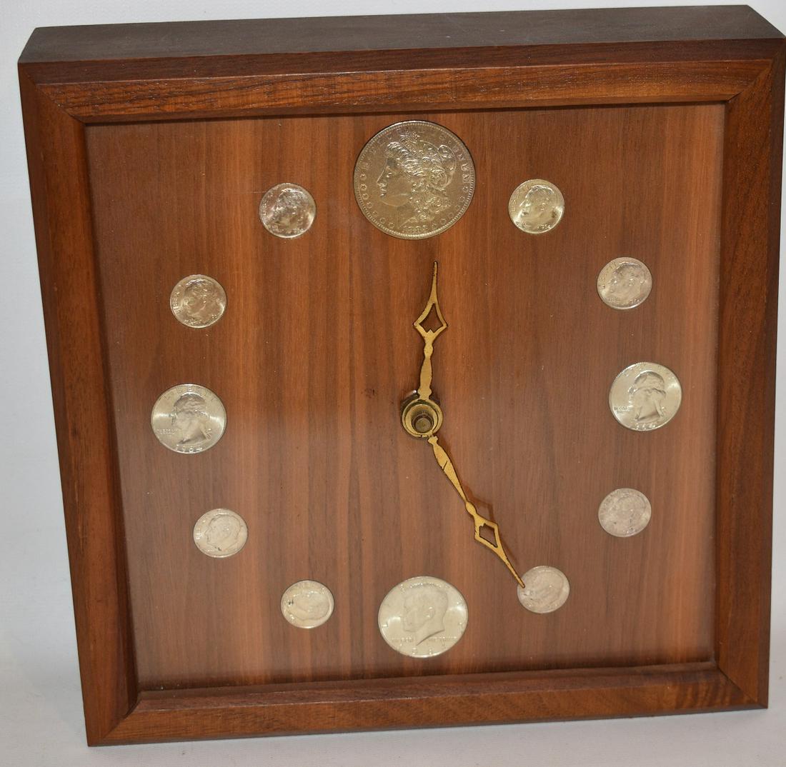 MID CENT. MOD. WALNUT WALL CLOCK W/ 1964 SILV COIN DIAL (1 of 8)