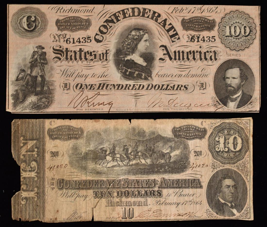 LOT (2) CONFEDERATE PAPER CURRENCY INCL. RICHMOND 100 $ (1 of 16)