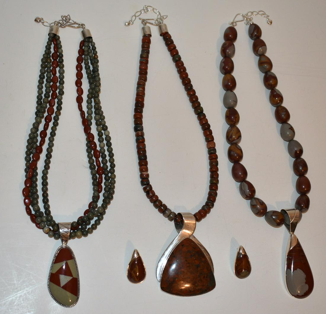 4 CONT. STERLING, RED/GRAY JASPER NECKLACES, EARRINGS (1 of 14)