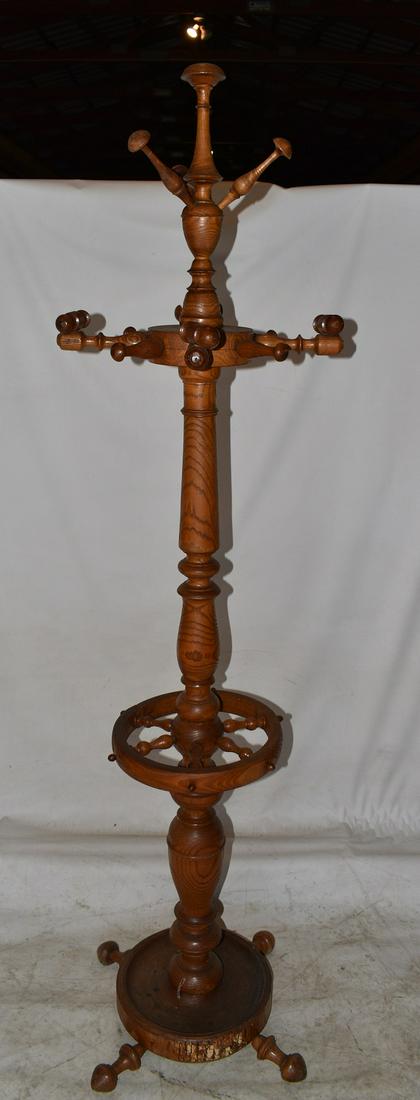 FOLK ART CHESTNUT TURNED HALL TREE, C. 1930/40 (1 of 6)