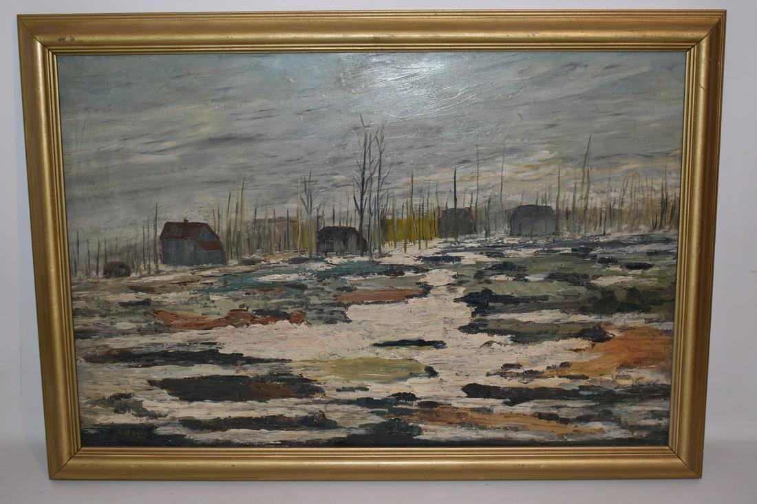 O/B WINTER LANDSCAPE W/ HOUSES SIGNED LEO HUBER (1 of 8)
