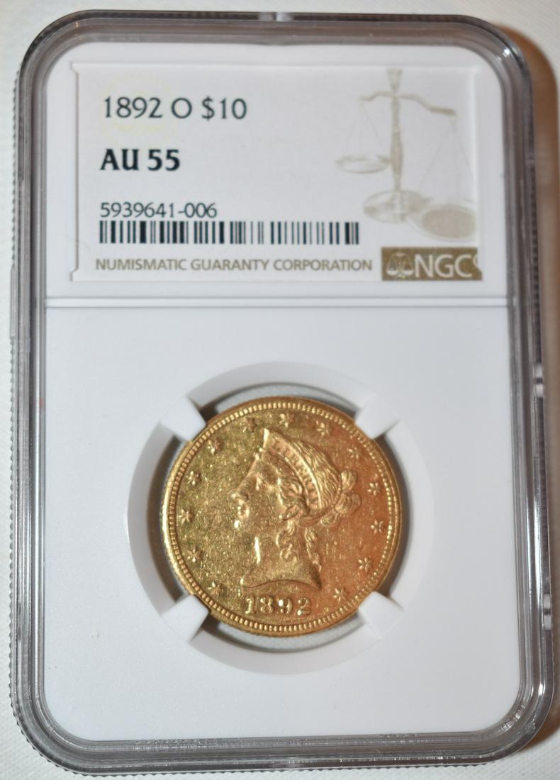 1892-O 10 DOLLAR LIBERTY HEAD GOLD COIN, AU 55 (1 of 4)