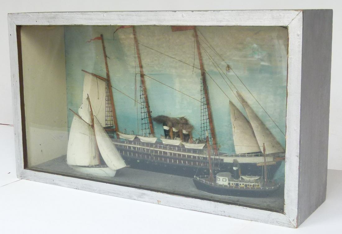 FOLK ART PAINTED SHIP DIORAMA W/ TUG BOAT, 19TH C. (1 of 8)