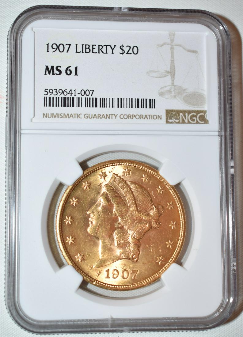 1907 20 DOLLAR LIBERTY HEAD GOLD COIN, MS 61 (1 of 4)