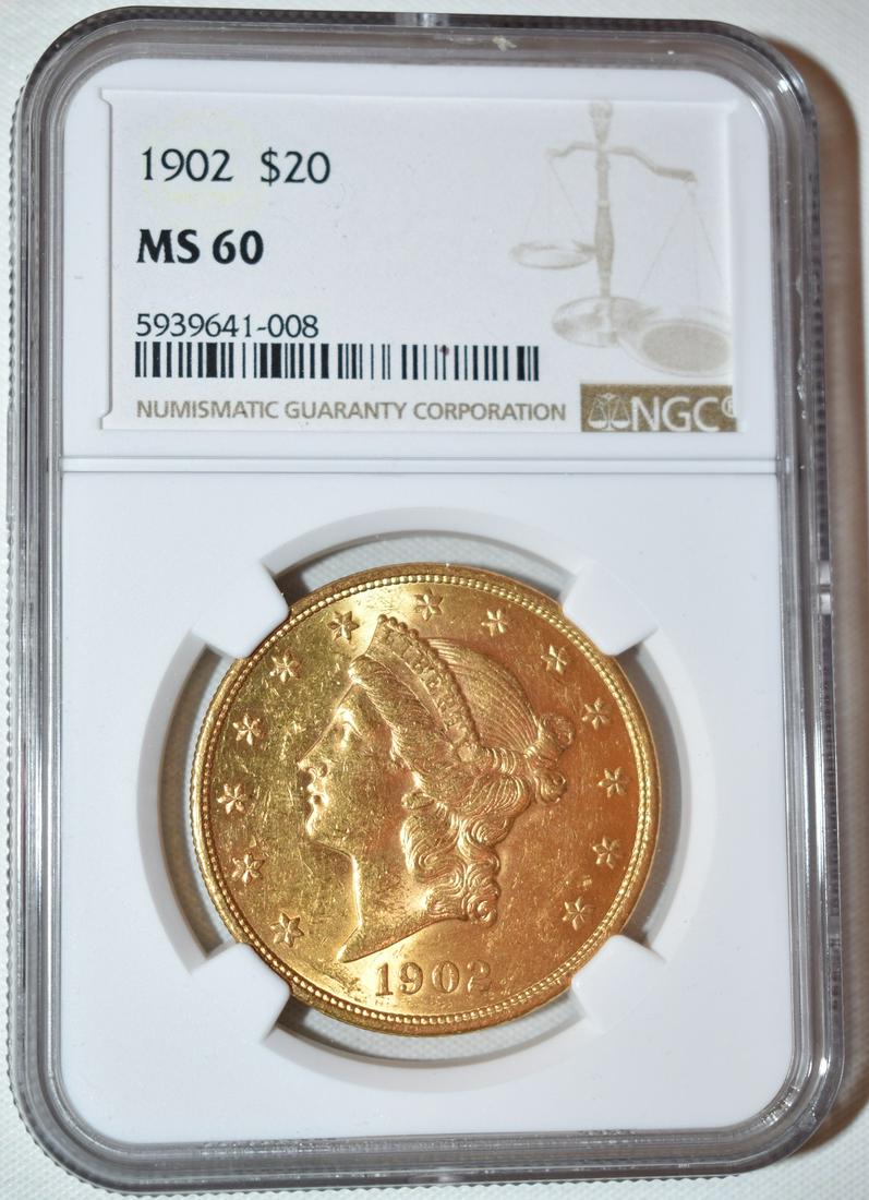 1902 20 DOLLAR LIBERTY HEAD GOLD COIN, MS 60: 1902 20 DOLLAR LIBERTY HEAD GOLD COIN, MS 60