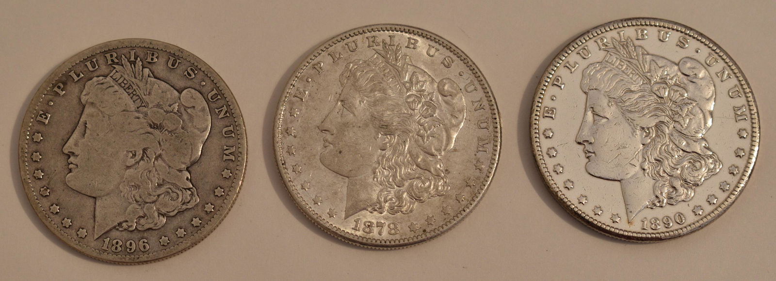 LOT (3) MORGAN SILVER DOLLARS 1878-S, 1890-CC, 1896-O (1 of 13)