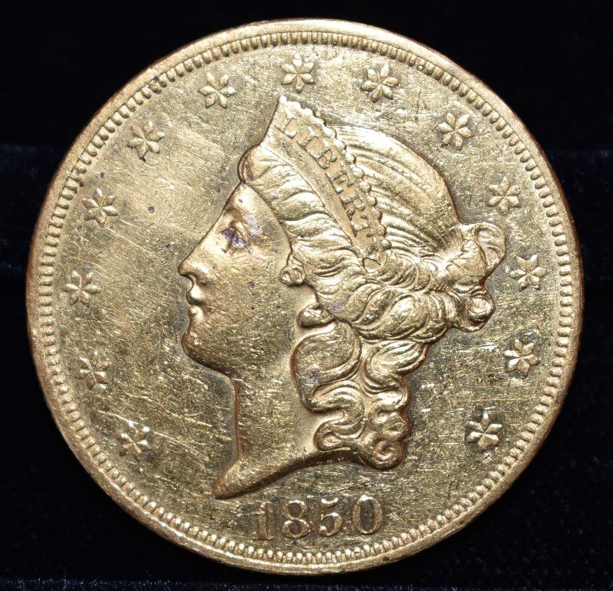 1850 20 DOLLAR LIBERTY HEAD GOLD COIN, AU DETAILS (1 of 4)