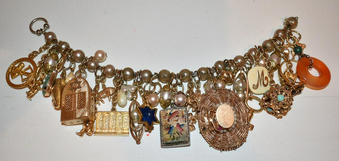EXCEPTIONAL 14/18KT GOLD CHARM BRACELET W/ ASST. CHARMS (1 of 9)