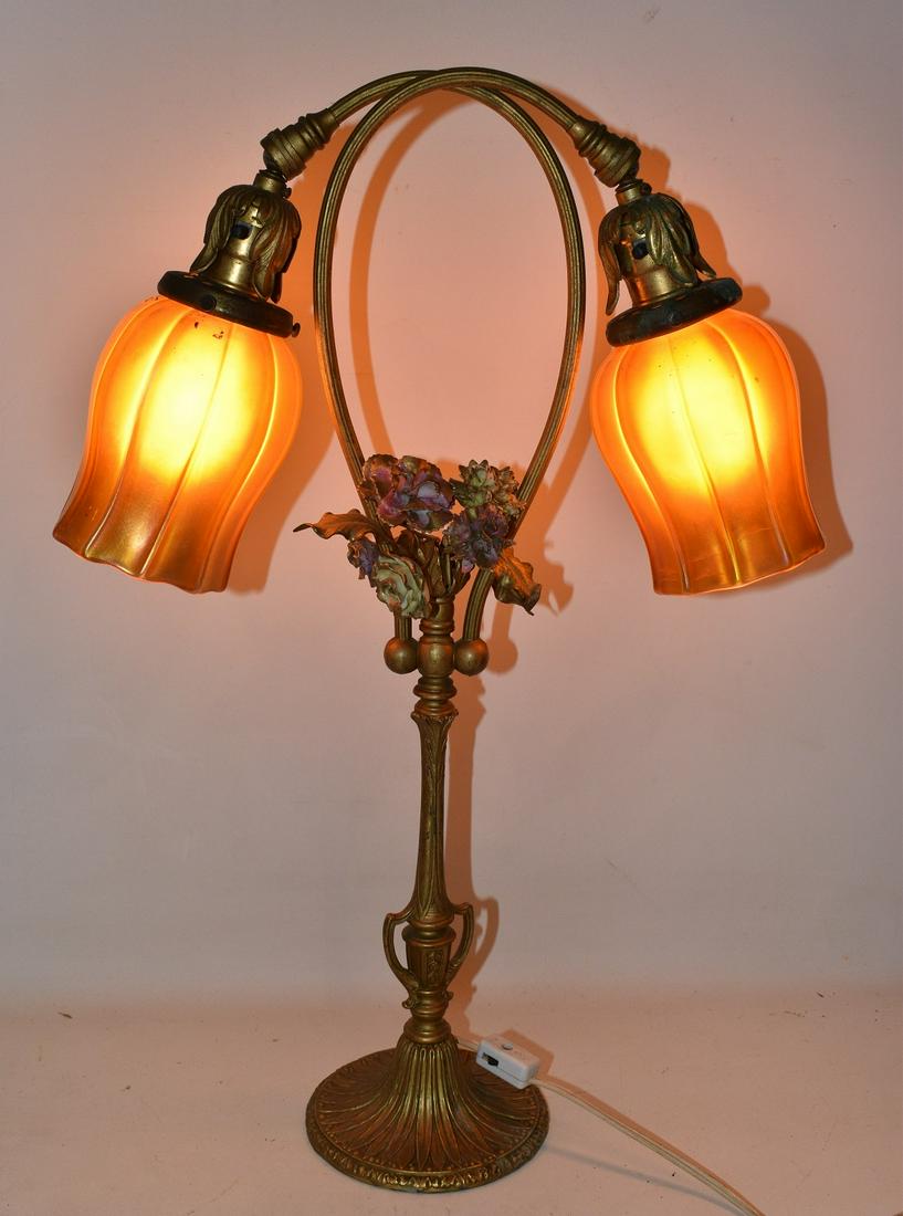 ART DECO BRONZE TABLE LAMP W/ 2 SIGNED QUEZELL SHADES (1 of 7)