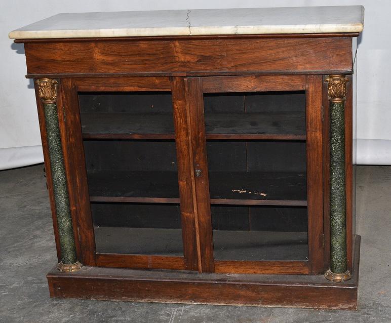 FRENCH ROSEWOOD MARBLE TOP CREDENZA, 19TH C.: FRENCH ROSEWOOD MARBLE TOP CREDENZA, 19TH C. (MARBLE TOP REPAIRED) H. 36", W. 42", D. 16 1/2"