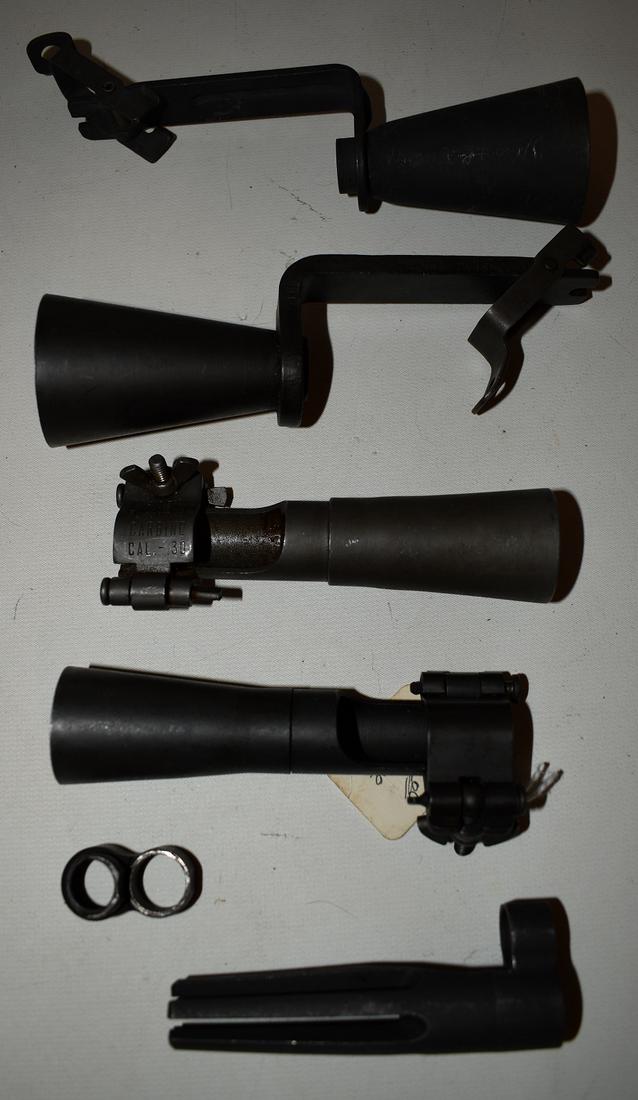 5 HIDER-FLASH BARREL ATTACH. INCL. RARE 30 CAL. CARBINE: LOT (5) HIDER-FLASH BARREL ATTACHMENTS INCL. RARE STAMPED 30 CAL. CARBINE, C. 1940'S