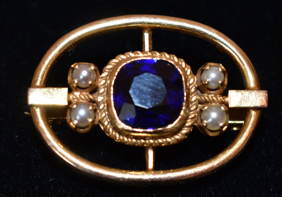 ART DECO 14KT YELLOW GOLD/SAPPHIRE/PEARL BROOCH (1 of 8)