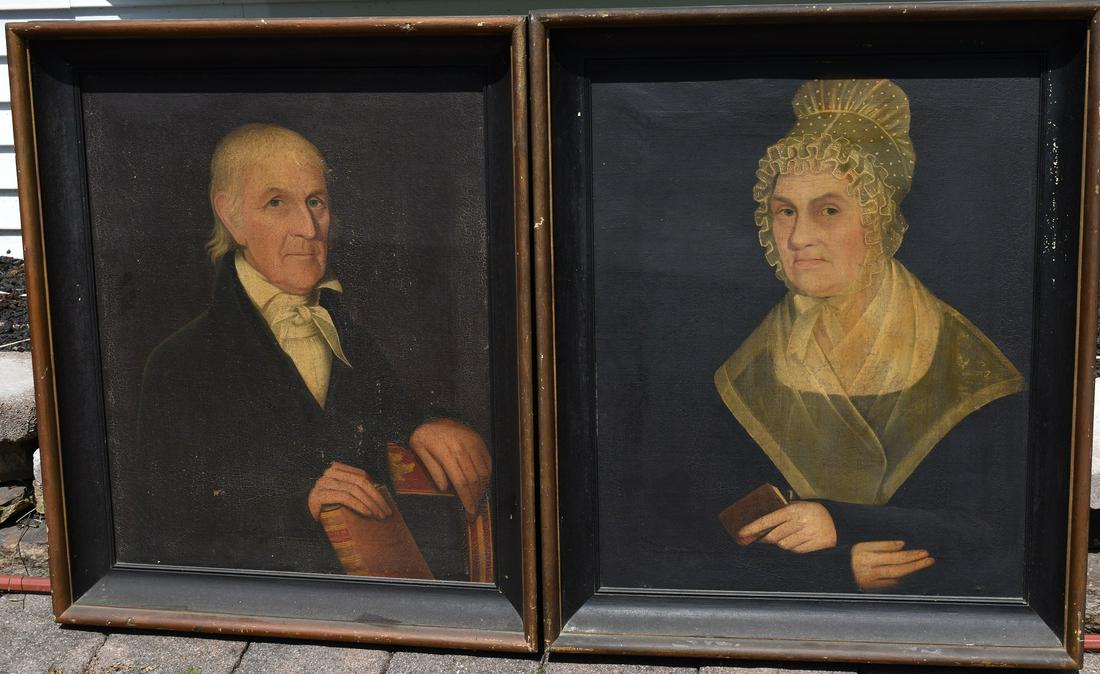 2 O/C PORTRAITS POSS. HENRY & ESTHER GUMAER CUDDEBACK: PAIR O/C PORTRAITS POSSIBLY HENRY & ESTHER GUMAER CUDDEBACK (CAUDEBEC) (HENRY 1771-1860, ESTHER 1774-1847) ATTRIB. TO AMMI PHILLIPS 1788-1865 CONNECTICUT-NEW YORK, C. 1830/35, 30" X 24" ORIGINAL CONDI