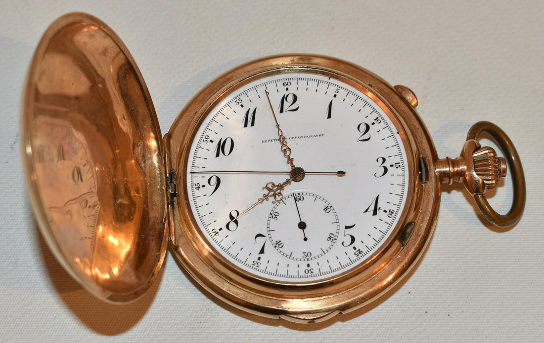 SWISS 14KT YW. GOLD CHRONOGRAPH HUNT CASE POCKETWATCH (1 of 11)